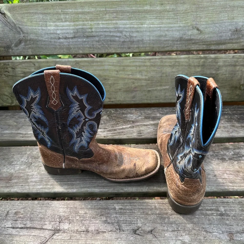 Ariat Tombstone Kids Cowboy Boots Brown Leather Square Toe Blue Stitching Size 5
